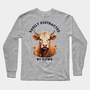 Easily Distracted by Cows Retro Design | Funny Cow Lover Long Sleeve T-Shirt